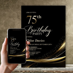 Invitación Moderno Black and Gold 75th Birthday Party