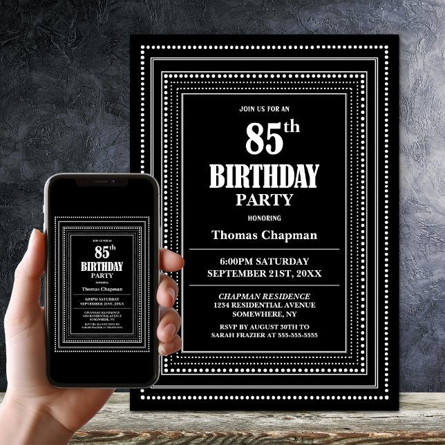 Invitación Moderno Black and White Border 85th Birthday Party (Subido por el creador)