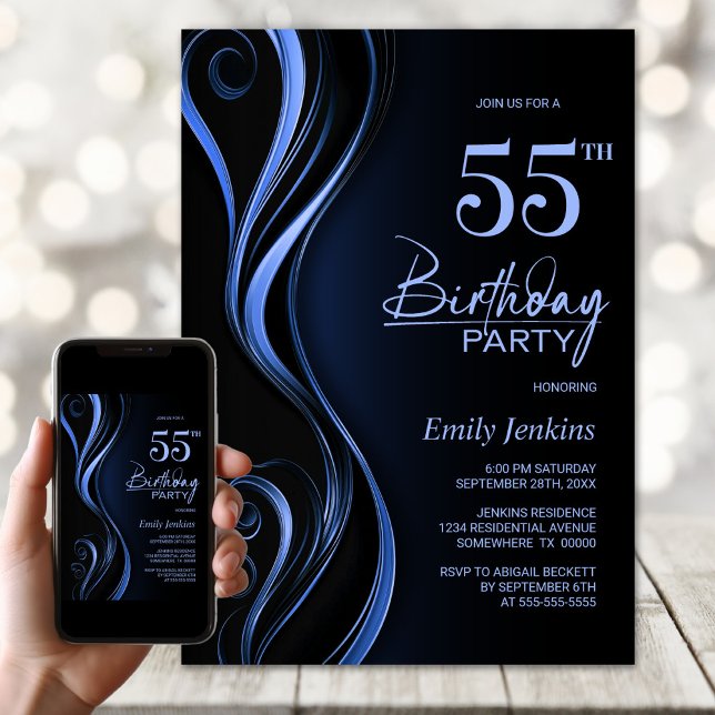 Invitación Moderno Black Blue 55th Birthday Party (Subido por el creador)