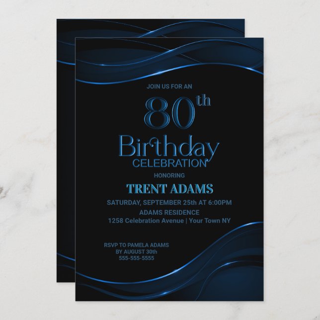 Invitación Moderno Black Blue 80 cumpleaños (Anverso / Reverso)