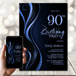 Invitación Moderno Black Blue 90th Birthday Party<br><div class="desc">Invite a sus amigos y seres queridos con esta moderna invitación de fiesta de cumpleaños 90 en azul y negro. El área de texto de personalizable de esta plantilla de invitación le permite incluir sin esfuerzo todos los detalles necesarios para su celebración especial de cumpleaños, incluyendo la fecha, hora, lugar...</div>