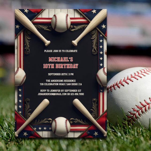 Invitación Moderno Black Boys Sport Baseball Birday Party (Baseball Birthday Invitation – All-Star 10th Birthday Party for Kids Invitation)