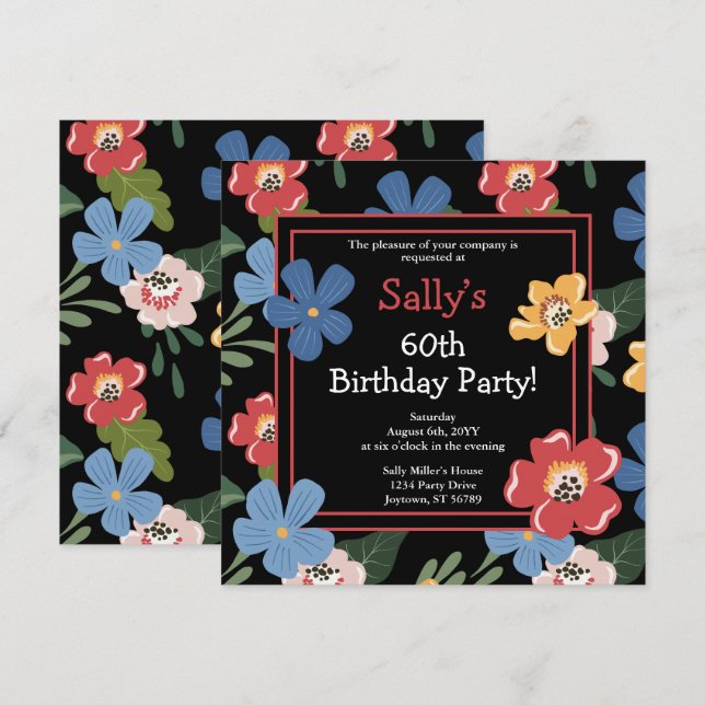 Invitación Moderno Black Colorful Floral 60th Birthday Party (Anverso / Reverso)