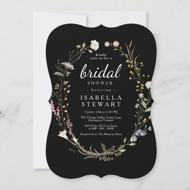 Invitación Moderno Black Elegant Wildflower Bridal Shower (Anverso)