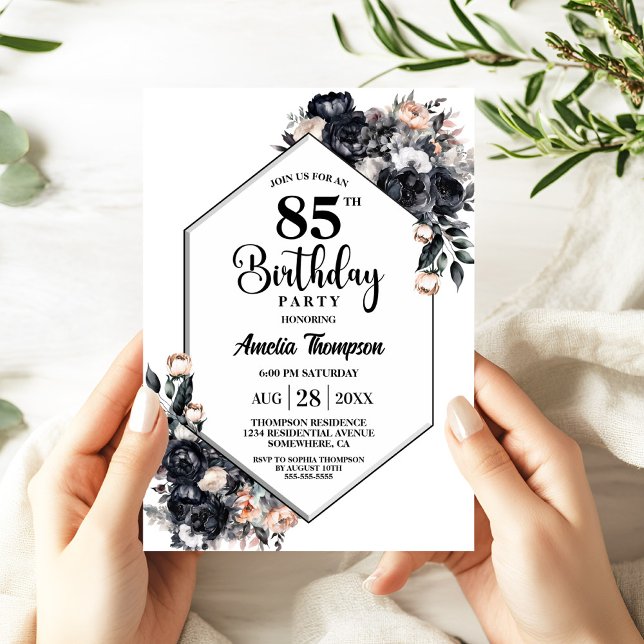 Invitación Moderno Black Floral 85th Birthday Party (Subido por el creador)