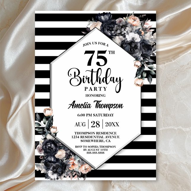 Invitación Moderno Black Floral Striped 75th Birthday Party (Subido por el creador)