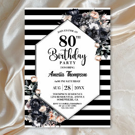 Invitación Moderno Black Floral Striped 80 cumpleaños