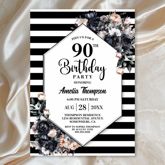 Invitación Moderno Black Floral Striped 90 cumpleaños (Subido por el creador)