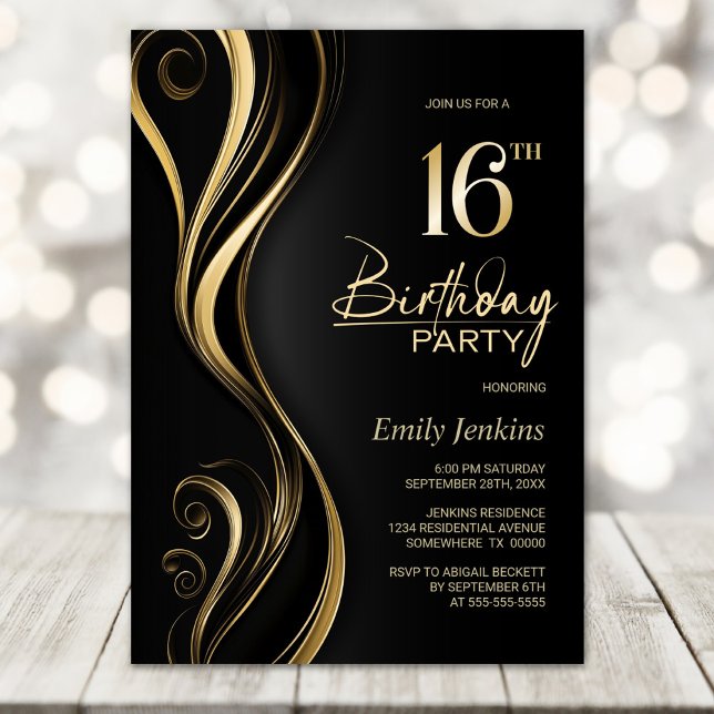 Invitación Moderno Black Gold 16th Birthday Party (Subido por el creador)