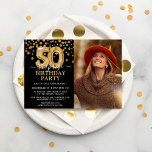 Invitación Moderno Black & Gold 50 Surprise Birthday Photo<br><div class="desc">Moderna invitación de fiesta de cumpleaños sorpresa en negro y oro para alguien que cumple 50 años. Con un fondo negro,  una fotografía del hombre/mujer de cumpleaños,  purpurina de oro falso confetti,  globos de oro de 50 años y una elegante plantilla de cumpleaños que es fácil de personalizar.</div>