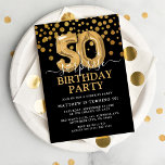 Invitación Moderno Black & Gold 50th Surprise Birthday Party<br><div class="desc">¡Invitación moderna de cumpleaños sorpresa en negro y oro para alguien que cumple cincuenta años! Con un fondo negro,  purpurina de oro falso confetti,  globos de 50 cumpleaños dorados y una elegante plantilla de cumpleaños que es fácil de personalizar.</div>