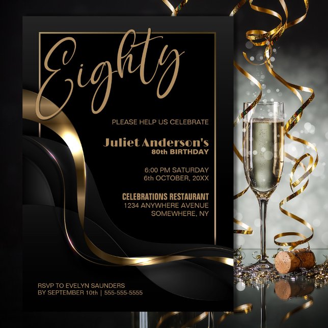 Invitación Moderno Black Gold 80 cumpleaños (Subido por el creador)