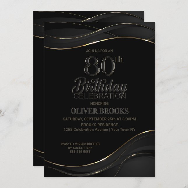 Invitación Moderno Black Gold 80 cumpleaños (Anverso / Reverso)