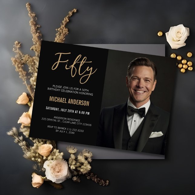 Invitación Moderno Black Gold Agate 50th Birthday Photo (Subido por el creador)
