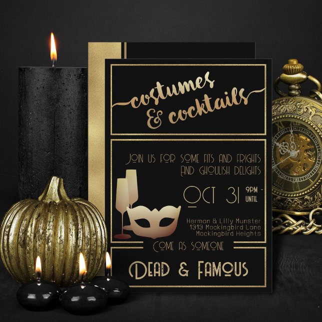 Invitación Moderno Black Gold Elegant Adults Halloween Party (Black and gold costumes and cocktails halloween invitations)