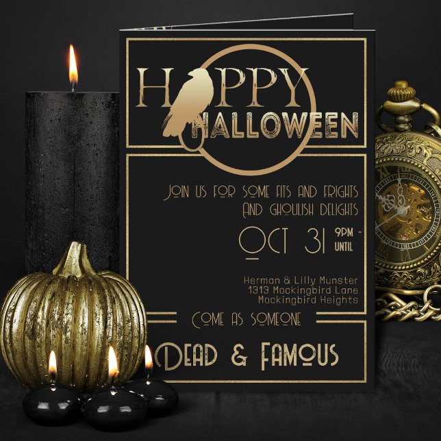 Invitación Moderno Black Gold Elegant Adults Halloween Party (elegant black and gold folded Halloween invitations)