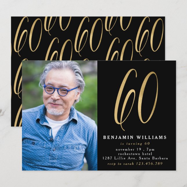Invitación Moderno Black & Gold Photo 60th Birthday Party (Anverso / Reverso)