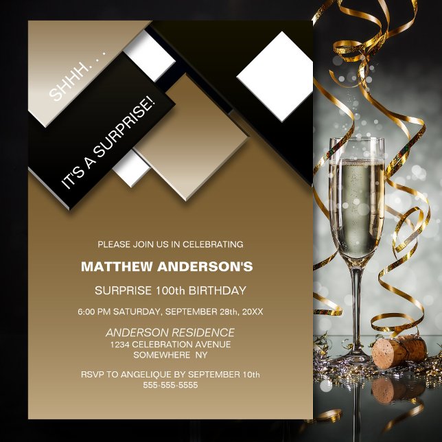 Invitación Moderno Black Gold Sorpresa 100 cumpleaños (Subido por el creador)