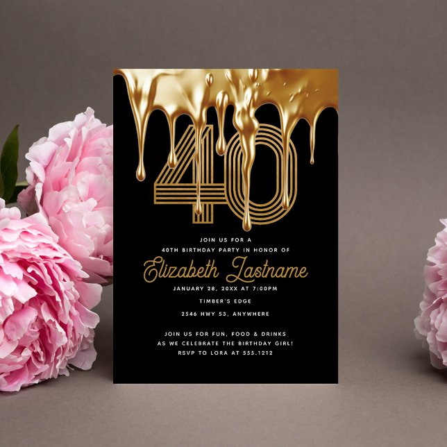 Invitación Moderno Black Liquid Gold Drip 40 cumpleaños (Subido por el creador)