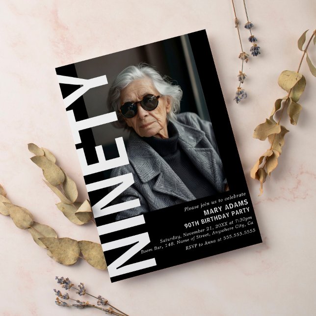 Invitación Moderno Black NINETY Foto 90 cumpleaños (Subido por el creador)