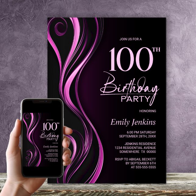 Invitación Moderno Black Pink 100th Birthday Party (Subido por el creador)