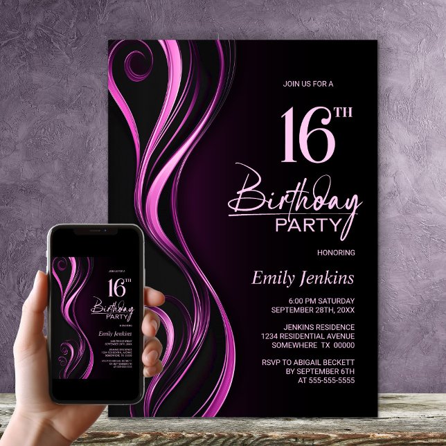 Invitación Moderno Black Pink 16th Birthday Party (Subido por el creador)
