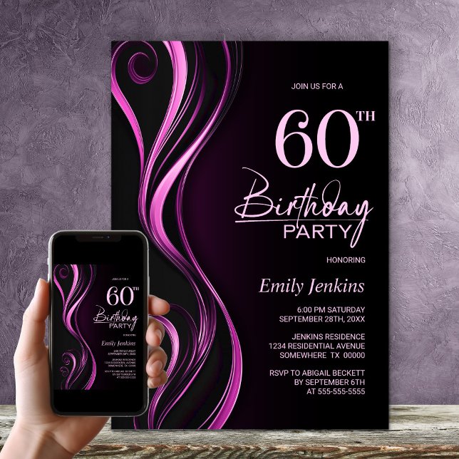 Invitación Moderno Black Pink 60th Birthday Party (Subido por el creador)