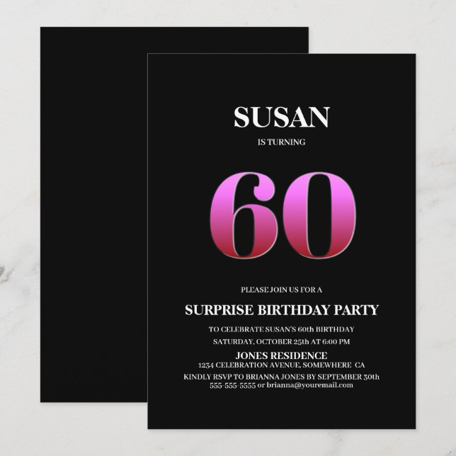 Invitación Moderno Black Pink Surprise 60º cumpleaños (Anverso / Reverso)