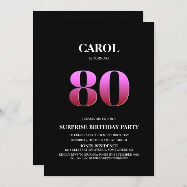 Invitación Moderno Black Pink Surprise 80º cumpleaños (Anverso / Reverso)