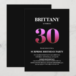 Invitación Moderno Black Pink Surprise cumpleaños número 30