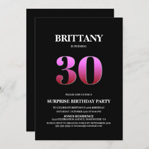 Invitación Moderno Black Pink Surprise cumpleaños número 30
