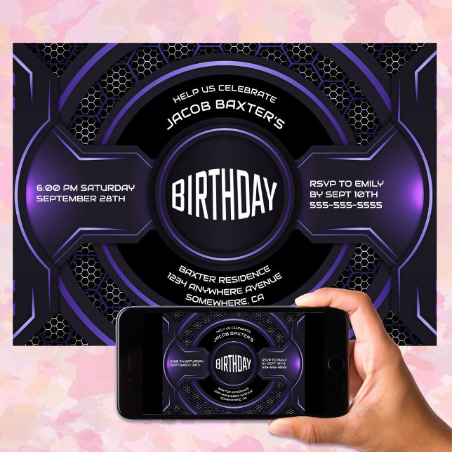 Invitación Moderno Black Purple Any Age Birday Party (Subido por el creador)