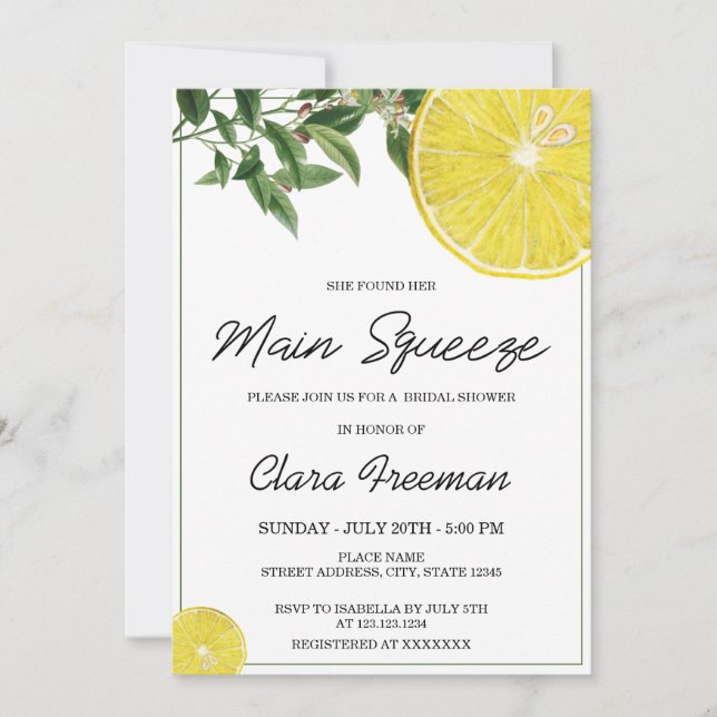 Invitación Moderno Black Script Watercolor Lemon Bridal Showe (Anverso)