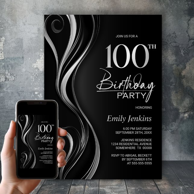 Invitación Moderno Black Silver 100 cumpleaños (Subido por el creador)