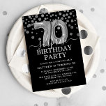 Invitación Moderno Black & Silver 70° fiesta de cumpleaños so<br><div class="desc">Moderna invitación de cumpleaños sorpresa en negro y plata para alguien que cumple setenta años. Con un fondo negro,  un falso purpurina de plata,  globos de 70 cumpleaños plateados y una elegante plantilla de cumpleaños que es fácil de personalizar.</div>
