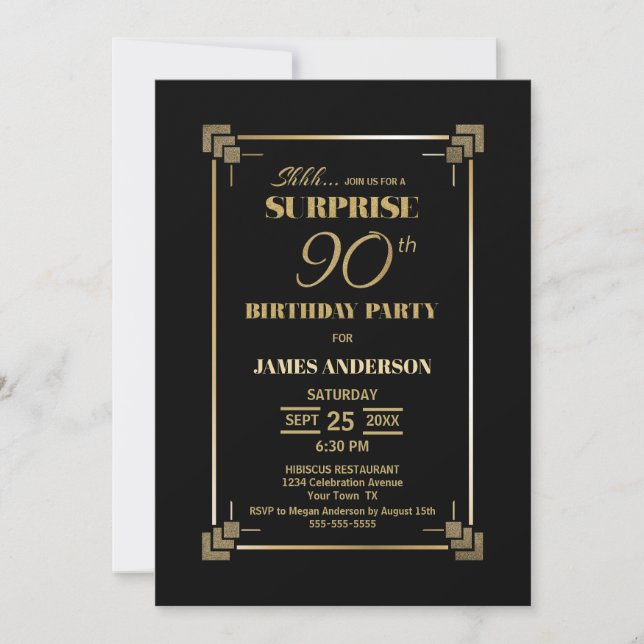 Invitación Moderno Black Surprise Fiesta de cumpleaños número (Anverso)