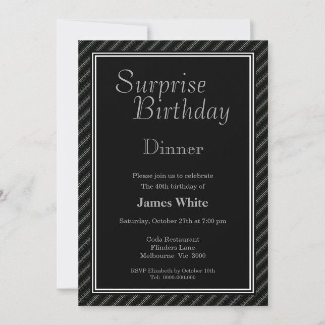 Invitación Moderno Black & White Surprise 40ª Cena de Cumplea (Anverso)