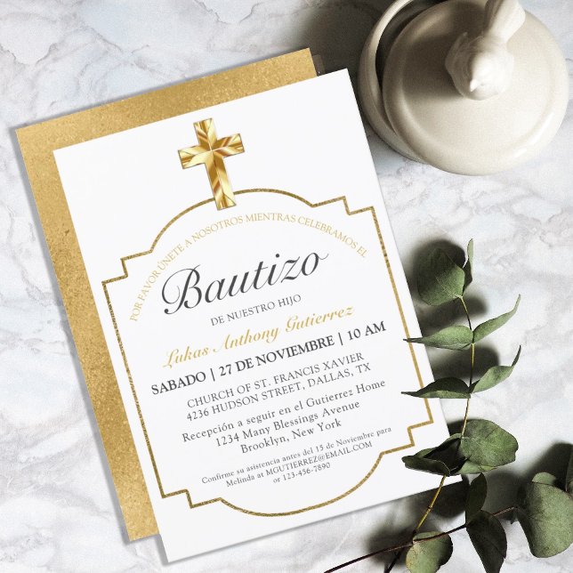 Invitación Moderno Blanco Bautismo de Niños Con Cruz Dorada (MODERN ELEGANT WHITE & GOLD CROSS SPANISH LANGUAGE BAPTISM INVITATION)