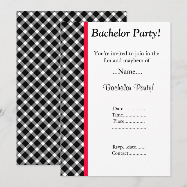 INVITACIÓN MODERNO BLANCO NEGRO CHECKERED BACHELOR PARTY (Anverso / Reverso)