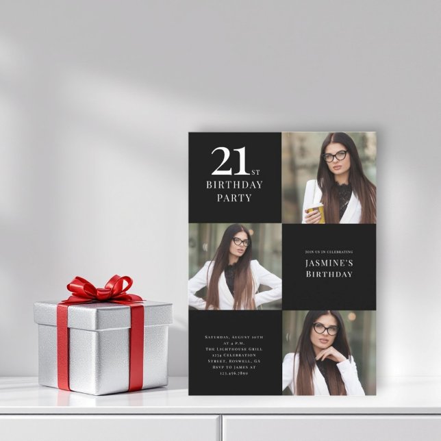 Invitación Moderno blanco y negro 3 foto 21 cumpleaños (modern three photo 21st birthday party invitation chic elegance )