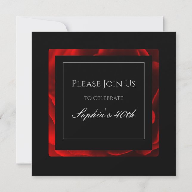 Invitación Moderno Blanco y Negro, Acento Floral Rojo (Anverso)