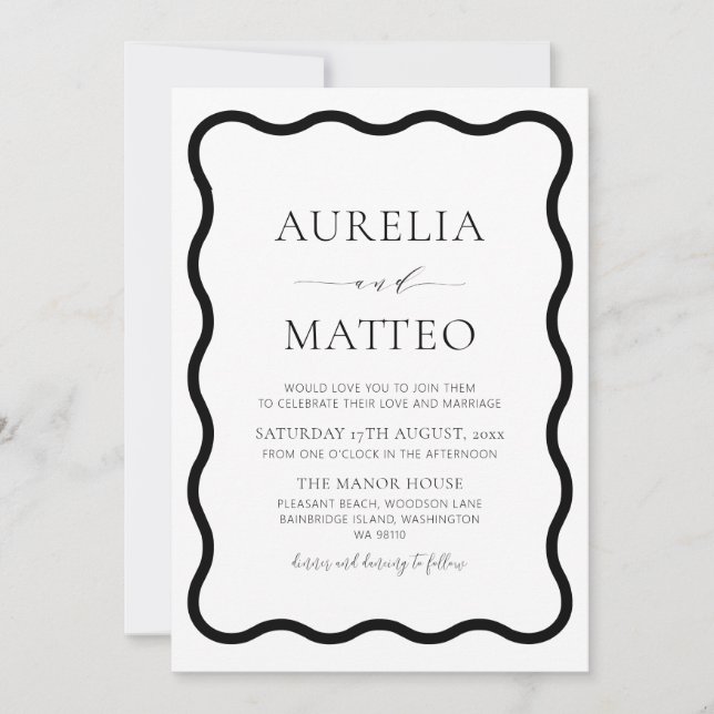 Invitación Moderno blanco y negro elegante borde ondulado min (Anverso)