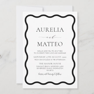 Invitación Moderno blanco y negro elegante borde ondulado min