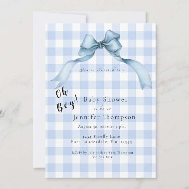 Invitación Moderno Blue Bow Gingham Oh Boy Baby Shower (Anverso)