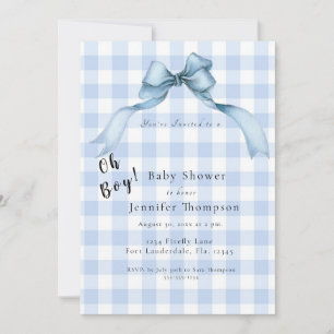 Invitación Moderno Blue Bow Gingham Oh Boy Baby Shower