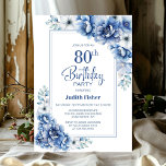 Invitación Moderno Blue Floral 80th Birthday Party<br><div class="desc">Invite a sus amigos y seres queridos con esta moderna invitación floral azul a la fiesta de cumpleaños número 80. El área de texto de personalizable de esta plantilla de invitación le permite incluir sin esfuerzo todos los detalles necesarios para su celebración especial de cumpleaños, incluyendo la fecha, hora, lugar...</div>