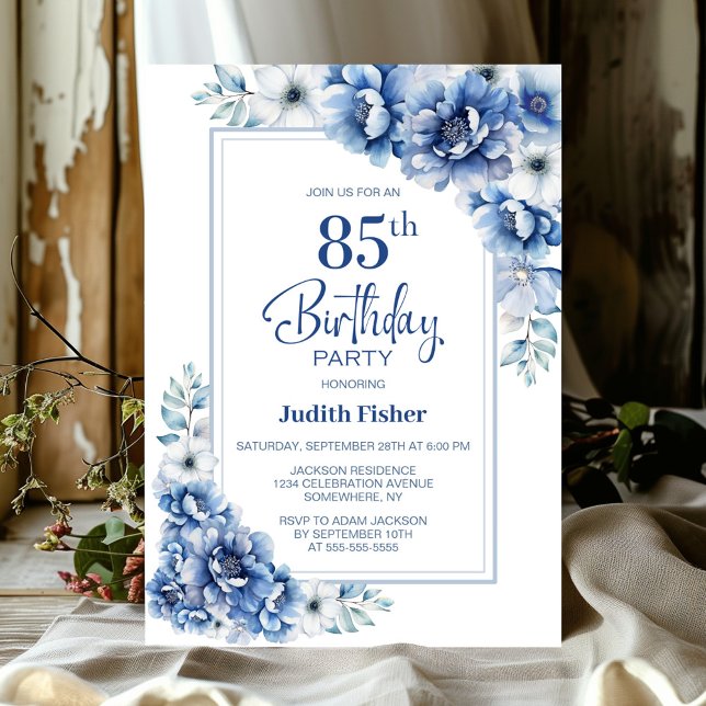 Invitación Moderno Blue Floral 85th Birthday Party (Subido por el creador)