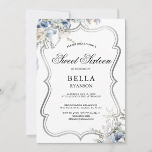 Invitación Moderno Blue Floral Silver Sweet Dieciséis Invitac