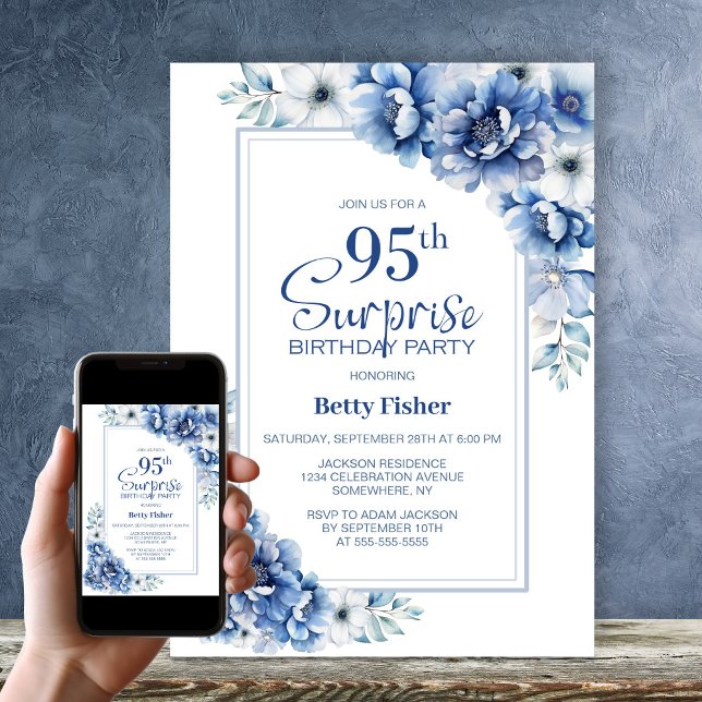 Invitación Moderno Blue Floral Sorpresa 95ª fiesta de cumplea (Subido por el creador)