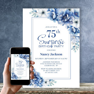 Invitación Moderno Blue Floral Surprise Fiesta de Cumpleaños 